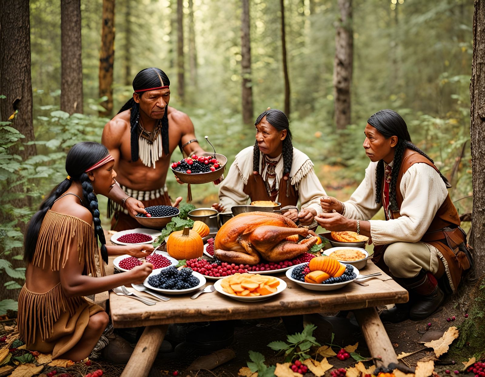 Native American Thanksgiving Feast in Forest