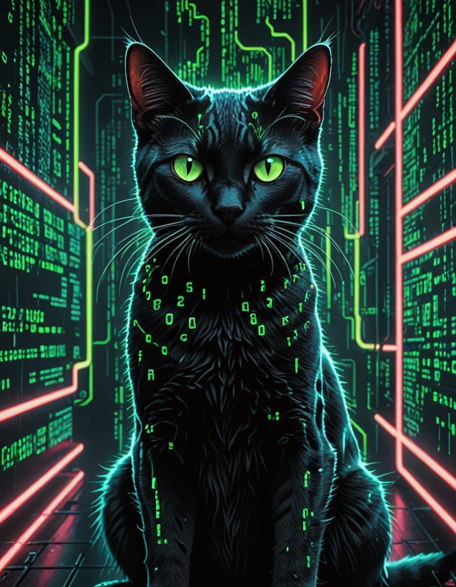 Neon Cybercat Unleashes Matrix Power