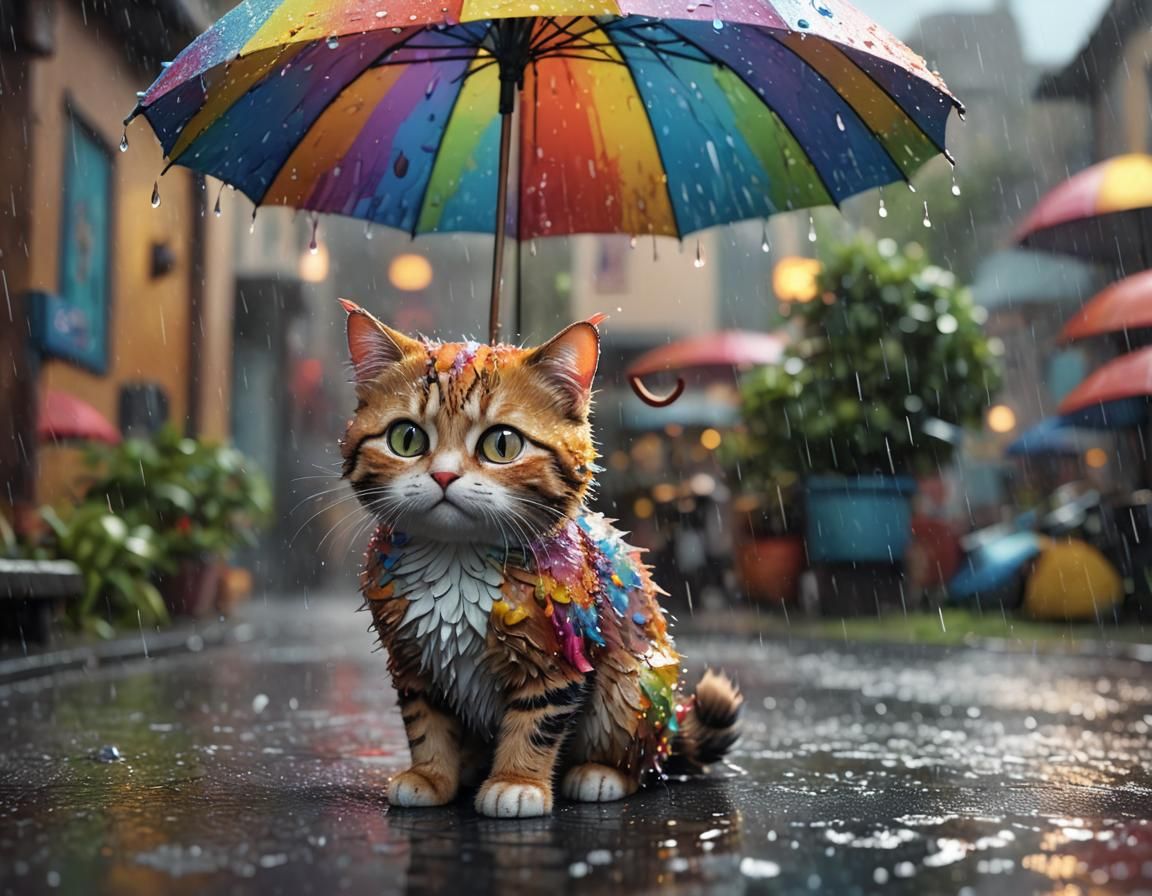 Sad Cat Under Umbrella: Pixar-Style 3D Render