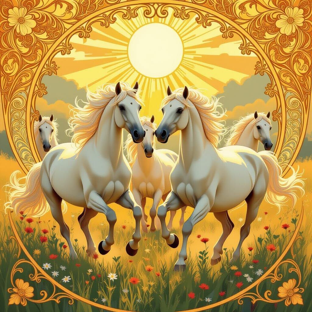 Art Nouveau Horses in Sunlit Meadow