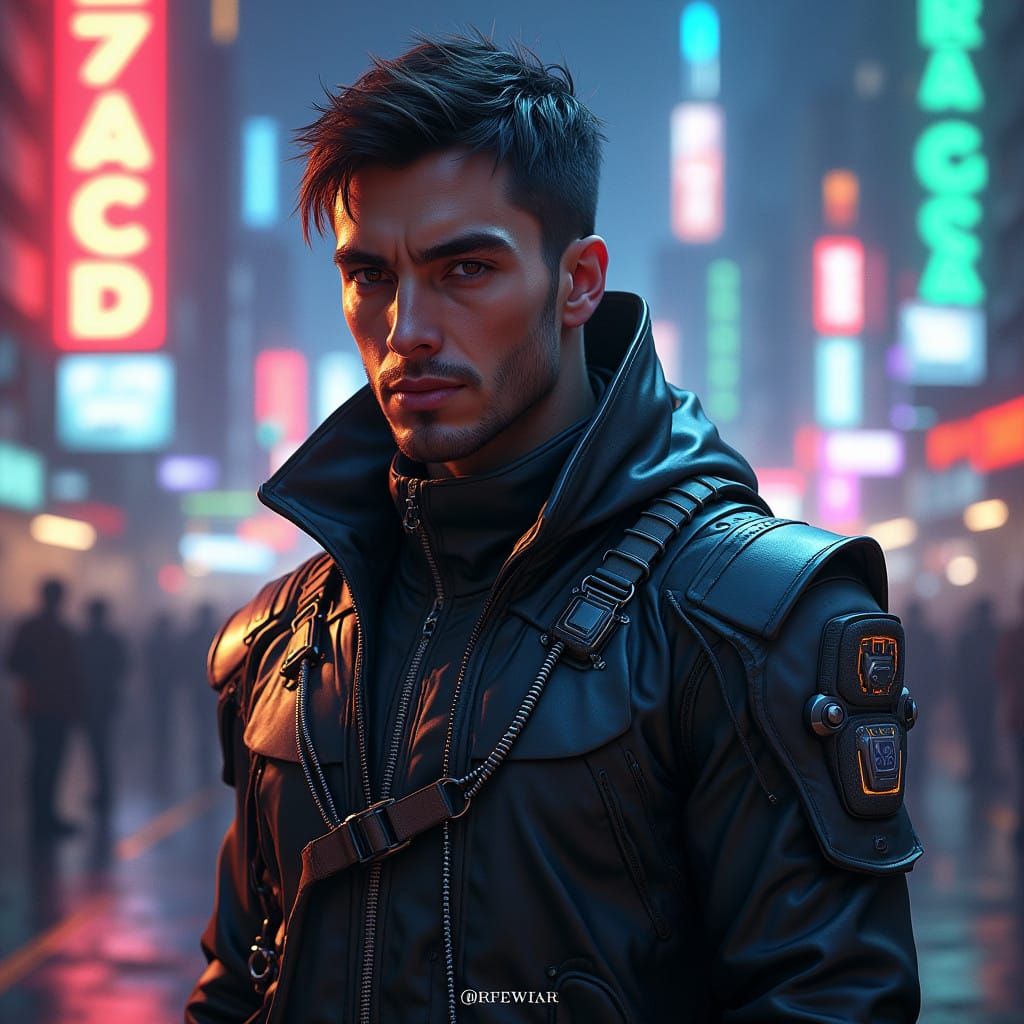 Sleek Sci-Fi Hero in Neon Cityscape