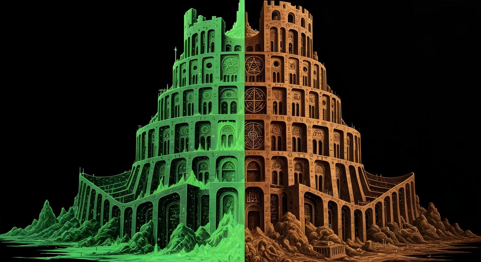 Tower of Babel Divided: Neon Matrix Meets Hermetic Symbols