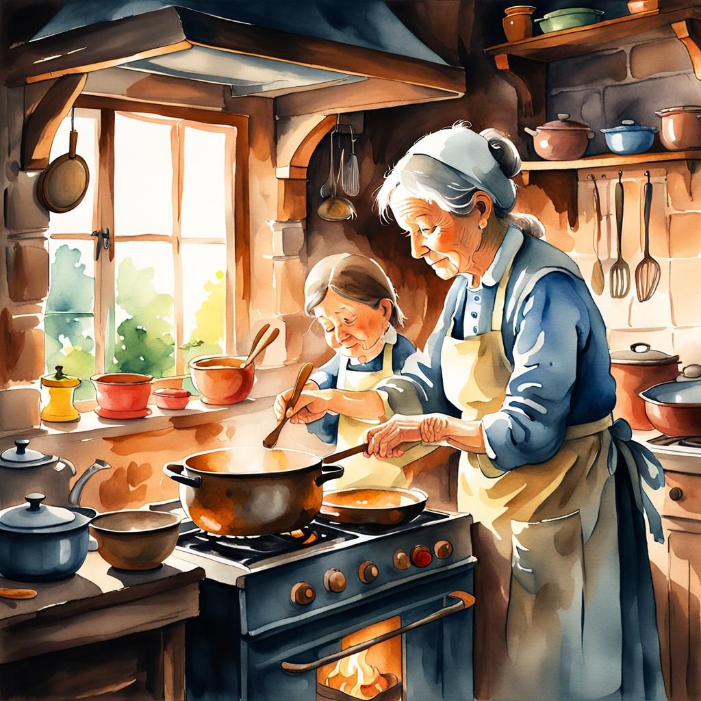 Heartwarming Watercolor: Grandma Teaching Granddaughter to C...