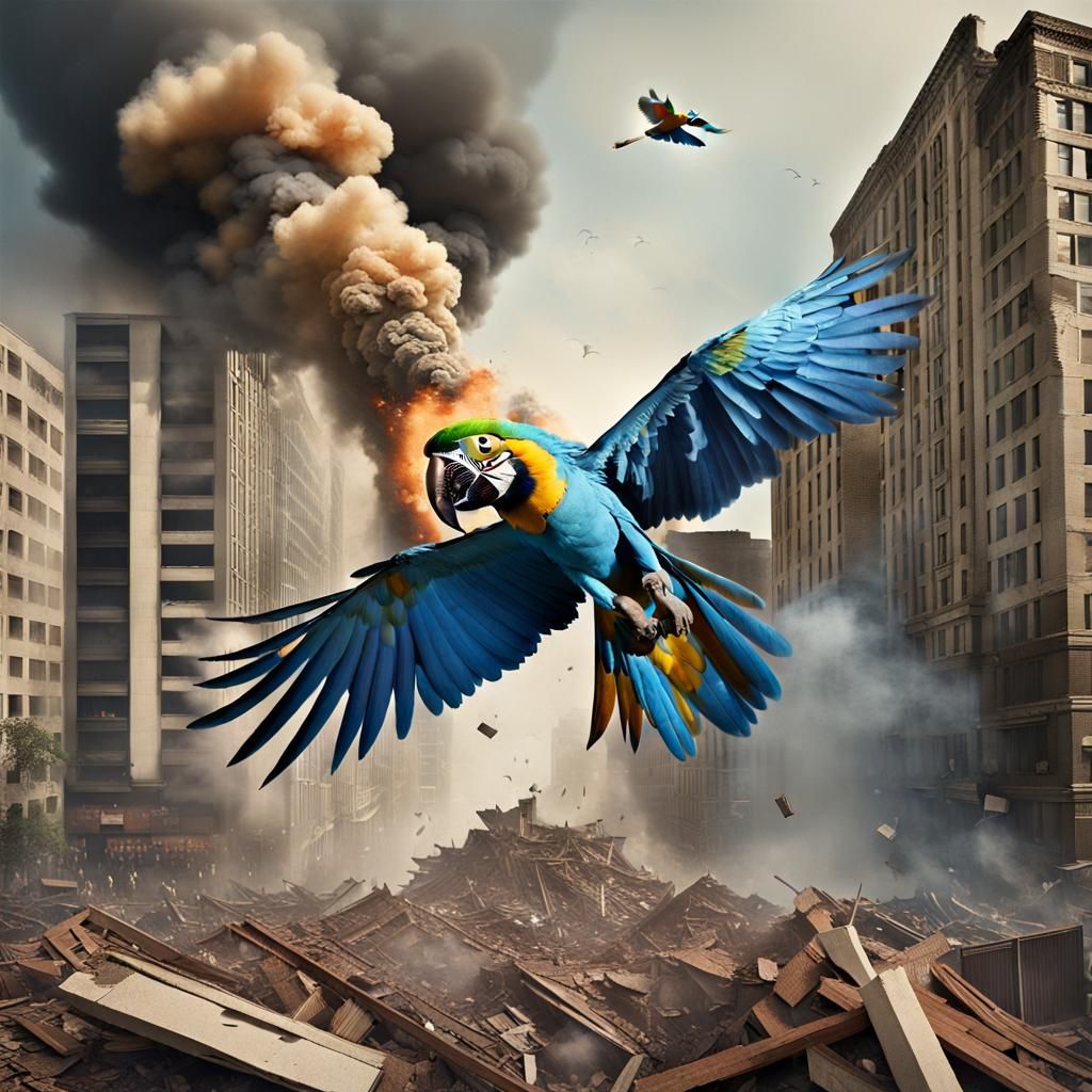 Giant Macaw Destroys City: Photorealistic Image