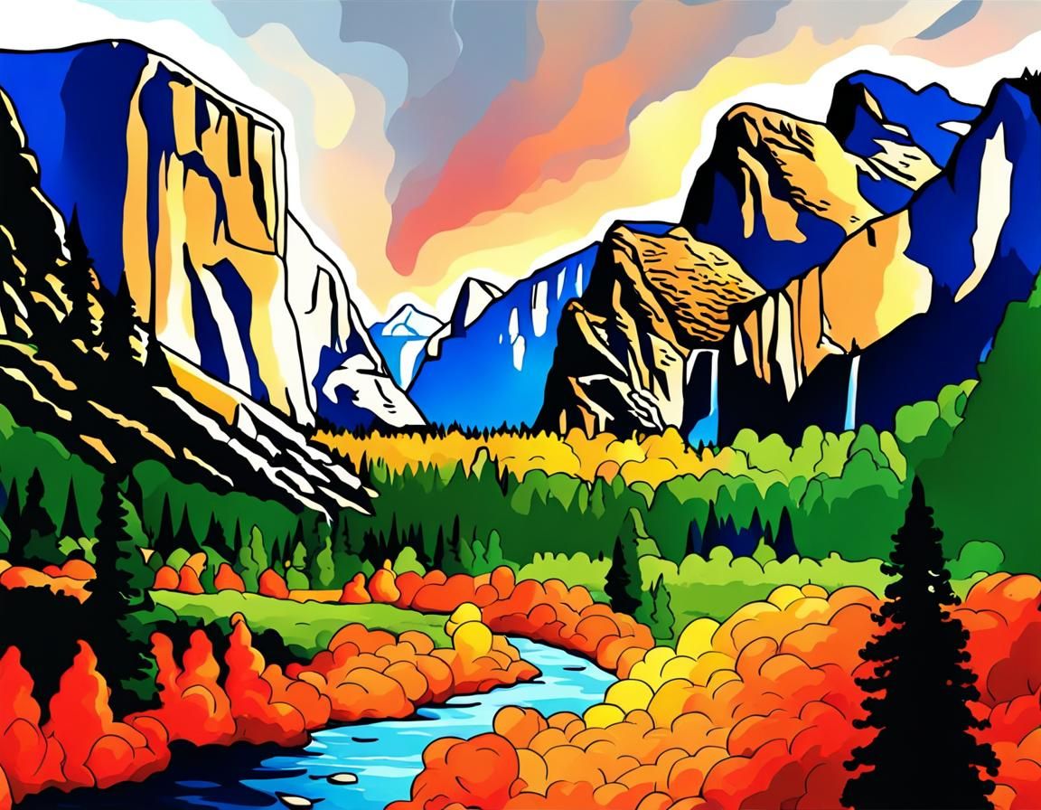 Fiery Cel-Shaded Yosemite Valley Animation