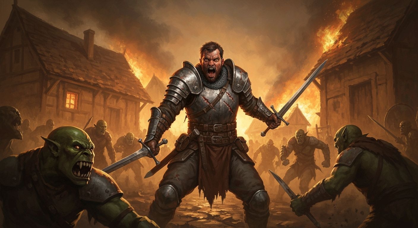 Medieval Warrior's Last Stand in Burning Village