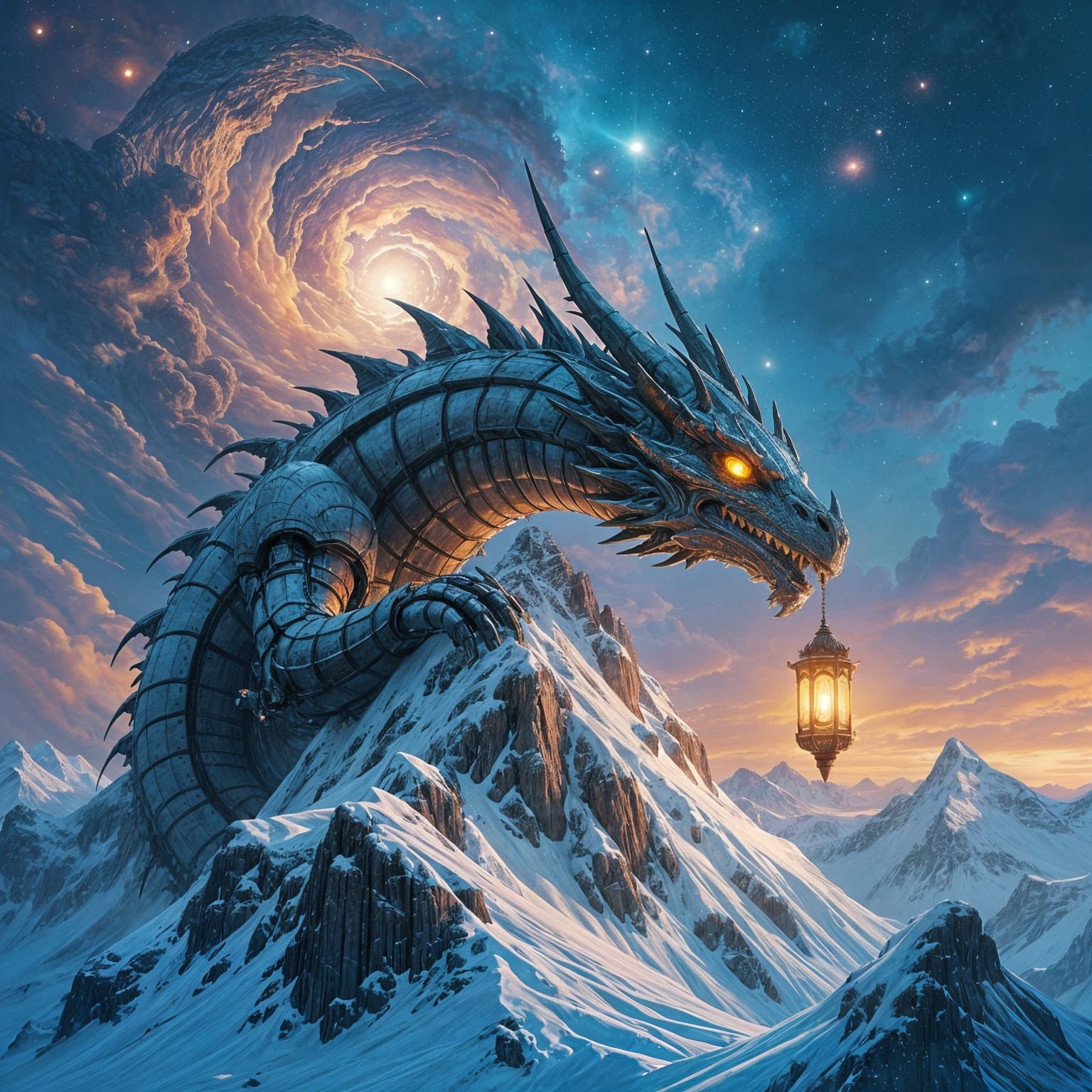 Sleeping Robot Dragon Under Cosmic Lantern