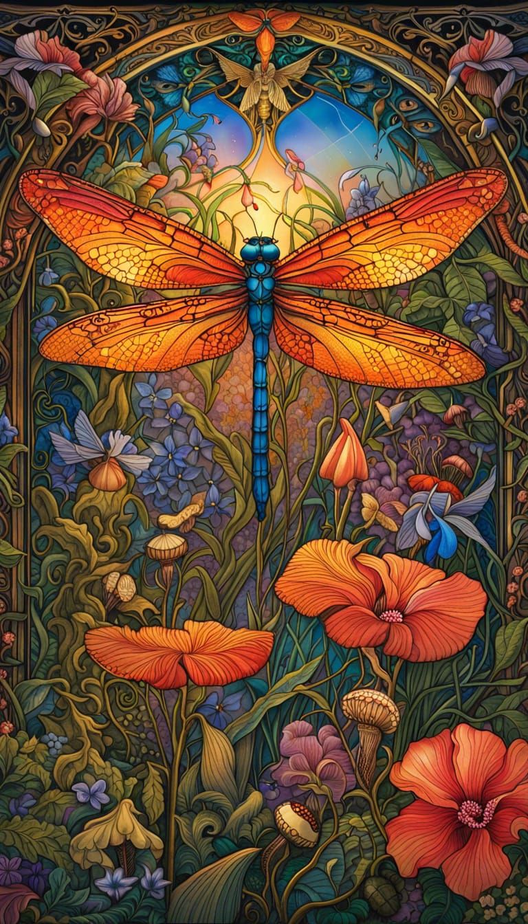 Detailed Dragonfly in Fairytale Woodland Illustration