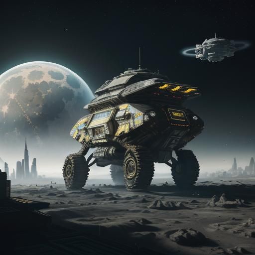 Futuristic City on Moon with Starship in Cyberpunk Style