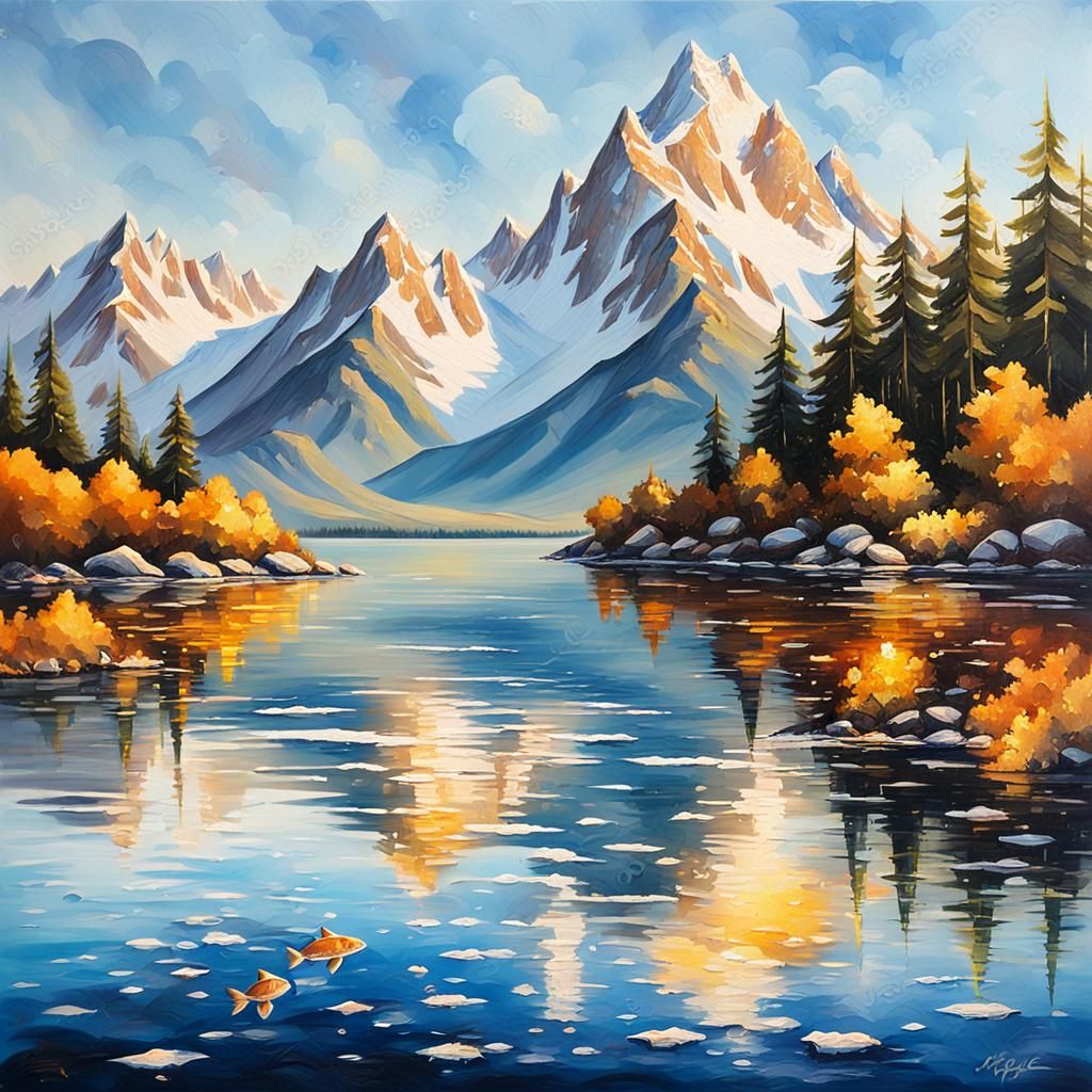 Idyllic Mountain Landscape Painting in Golden Light