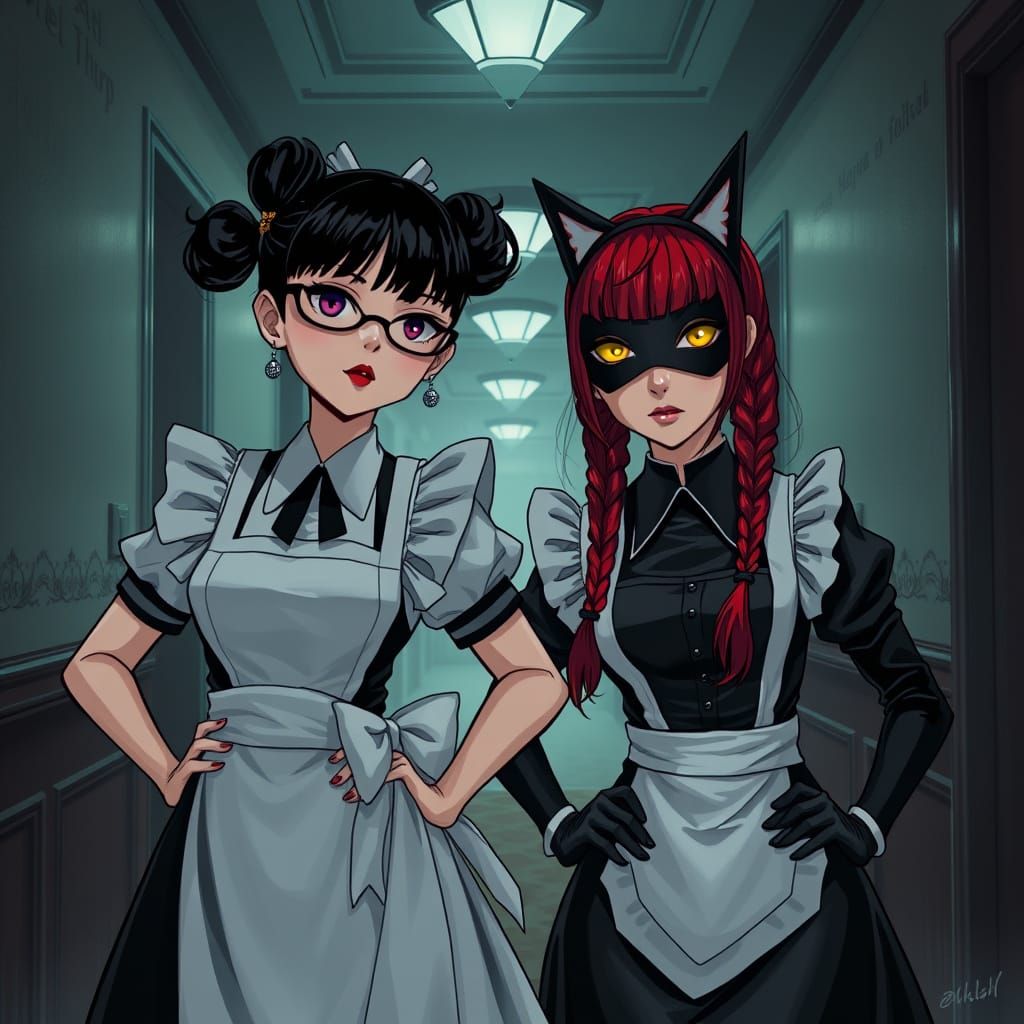 Eerie Hotel Hallway with Contrasting Maids