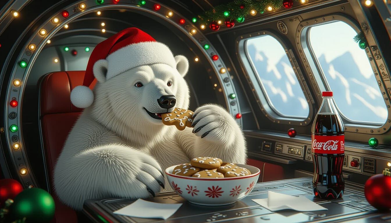 Polar Bear in Christmas Spaceship Enjoying Cola and Cookies