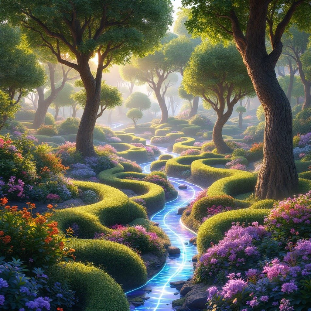 Surreal Holographic Garden in Futuristic Style