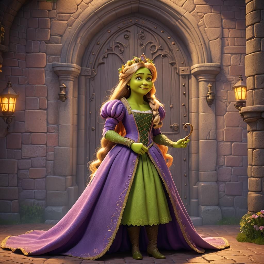 Shrek as Rapunzel in Pixar-style 3D Art
