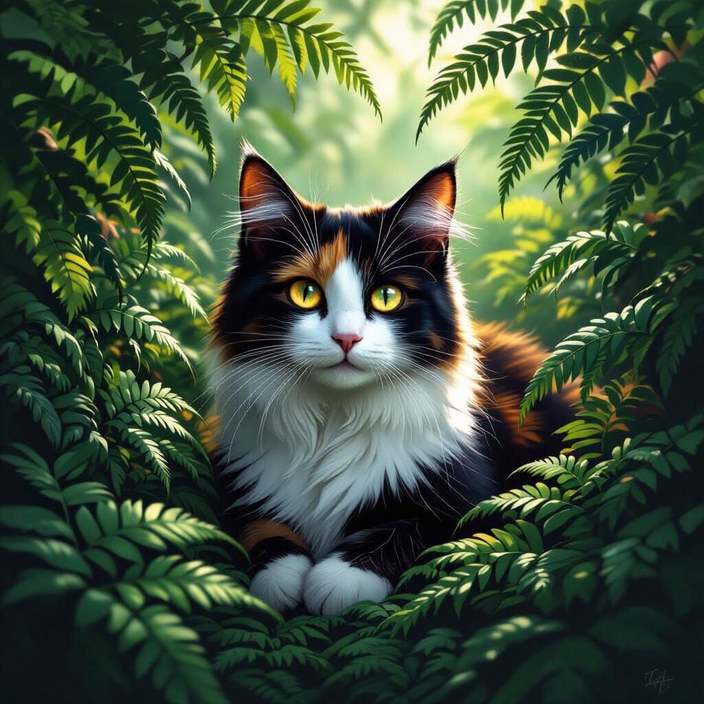 Calico Cat with Yellow Eyes in Ferns and Shadows
