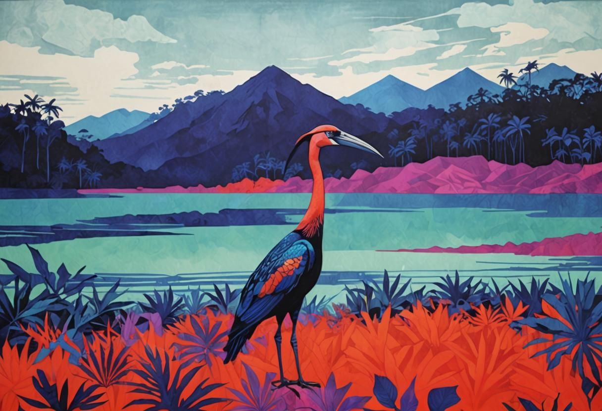 Psychedelic Tropical Bird in Geometric Neon Style