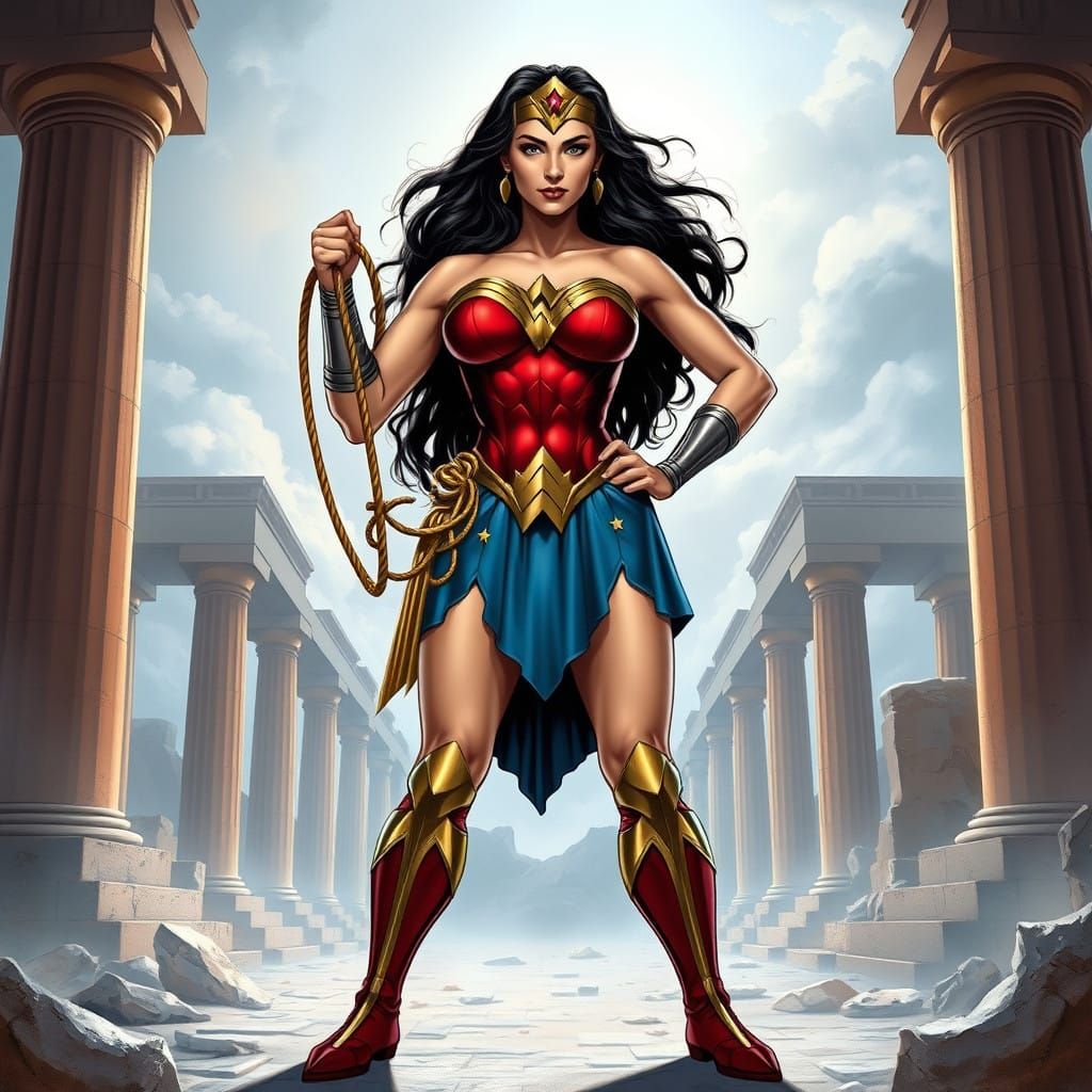 Ethereal Wonder Woman in Ancient Greek Ruins