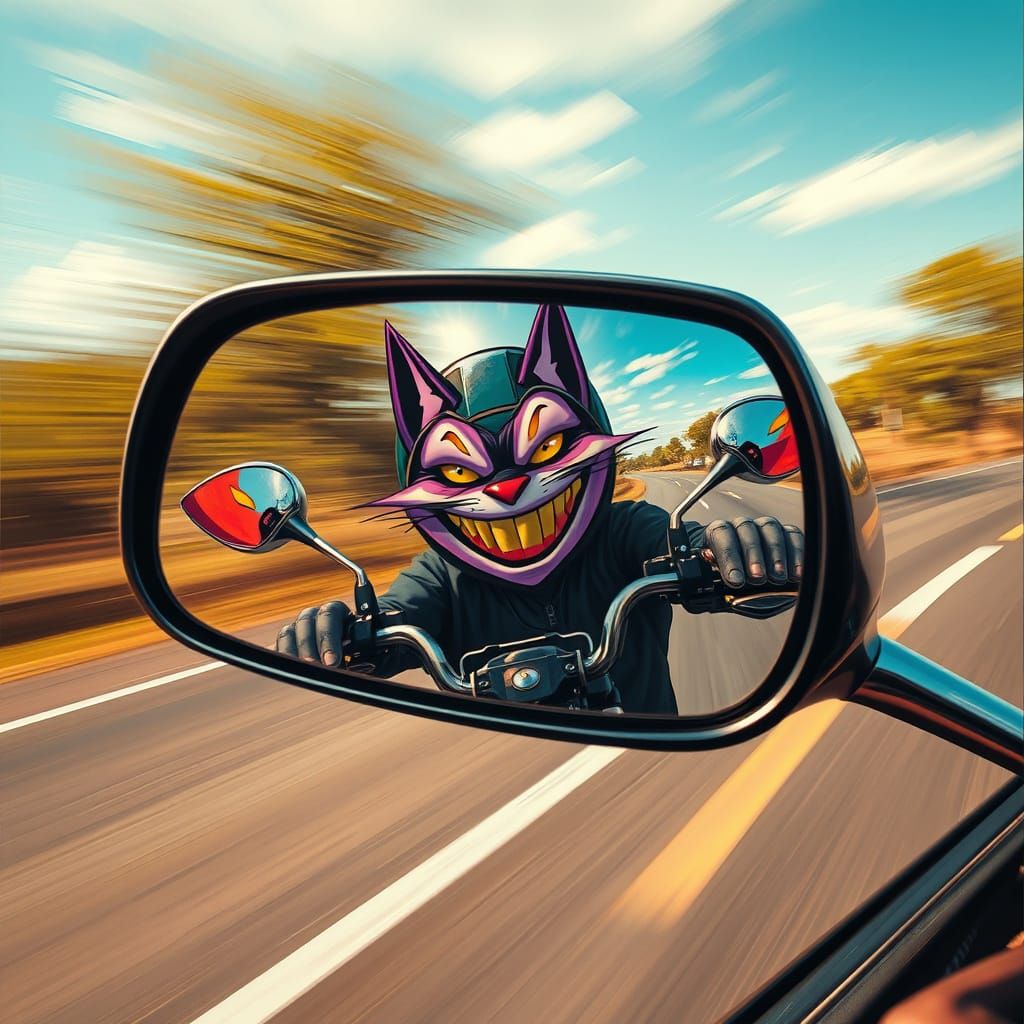 Motorcyclist Speeds Past with Cheshire Cat Smile