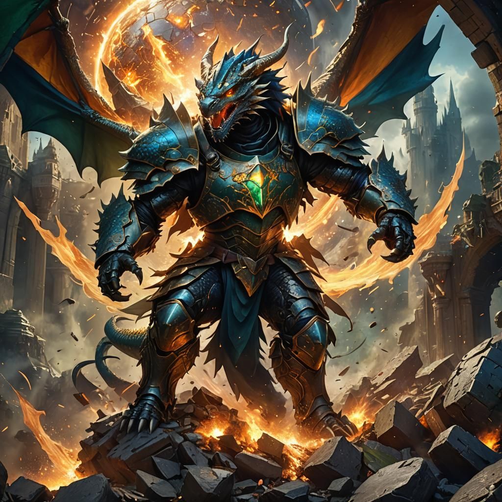 Onomatopoeia of a dragon knight, coming from big sphere with...