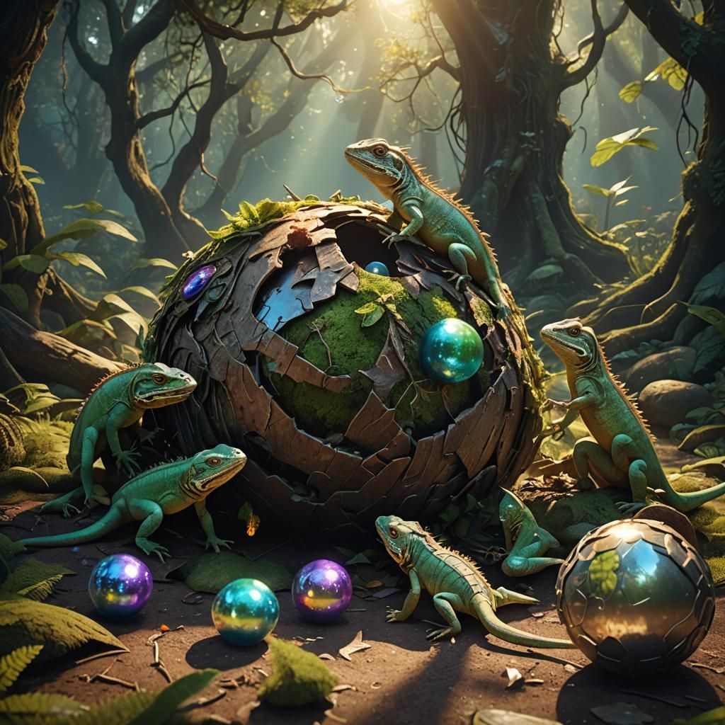 Lizards Feast in Mystical Forest: Digital Matte Painting