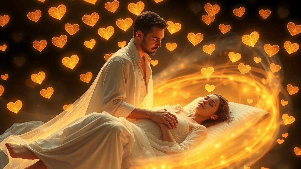 Astral Guardian Watches Slumbering Beauty in Dreamlike Scene