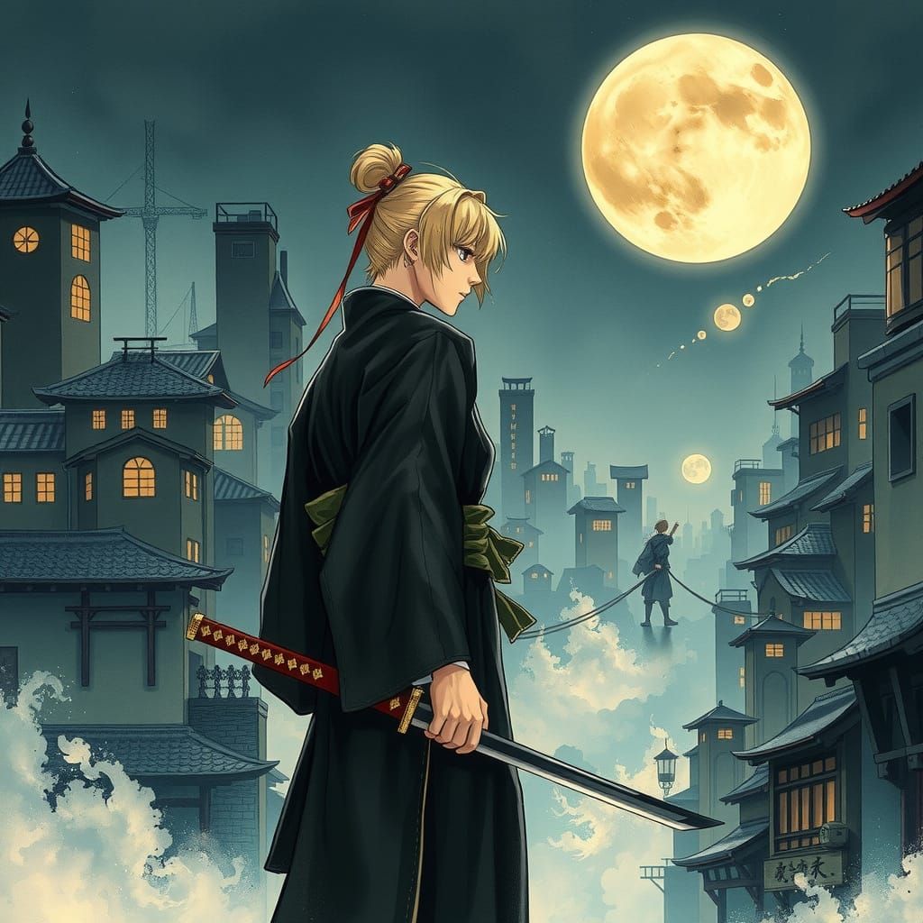 Whimsical Urban Samurai in Moonlit Asian Cityscape