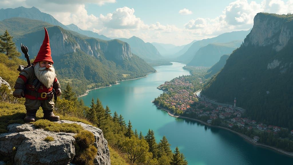 Panoramic View of River Confluence with Gnome