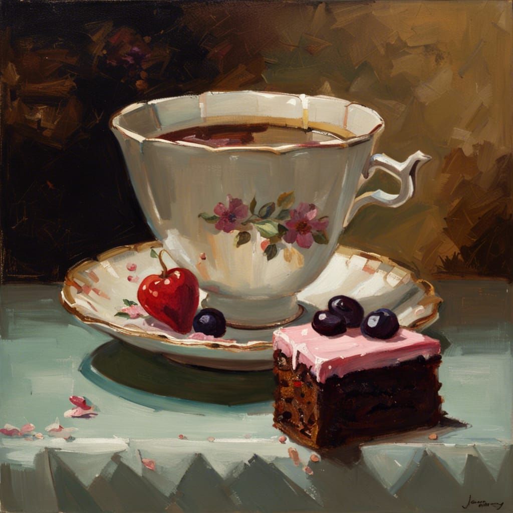 Teacup and Cake Still Life as Oil Painting