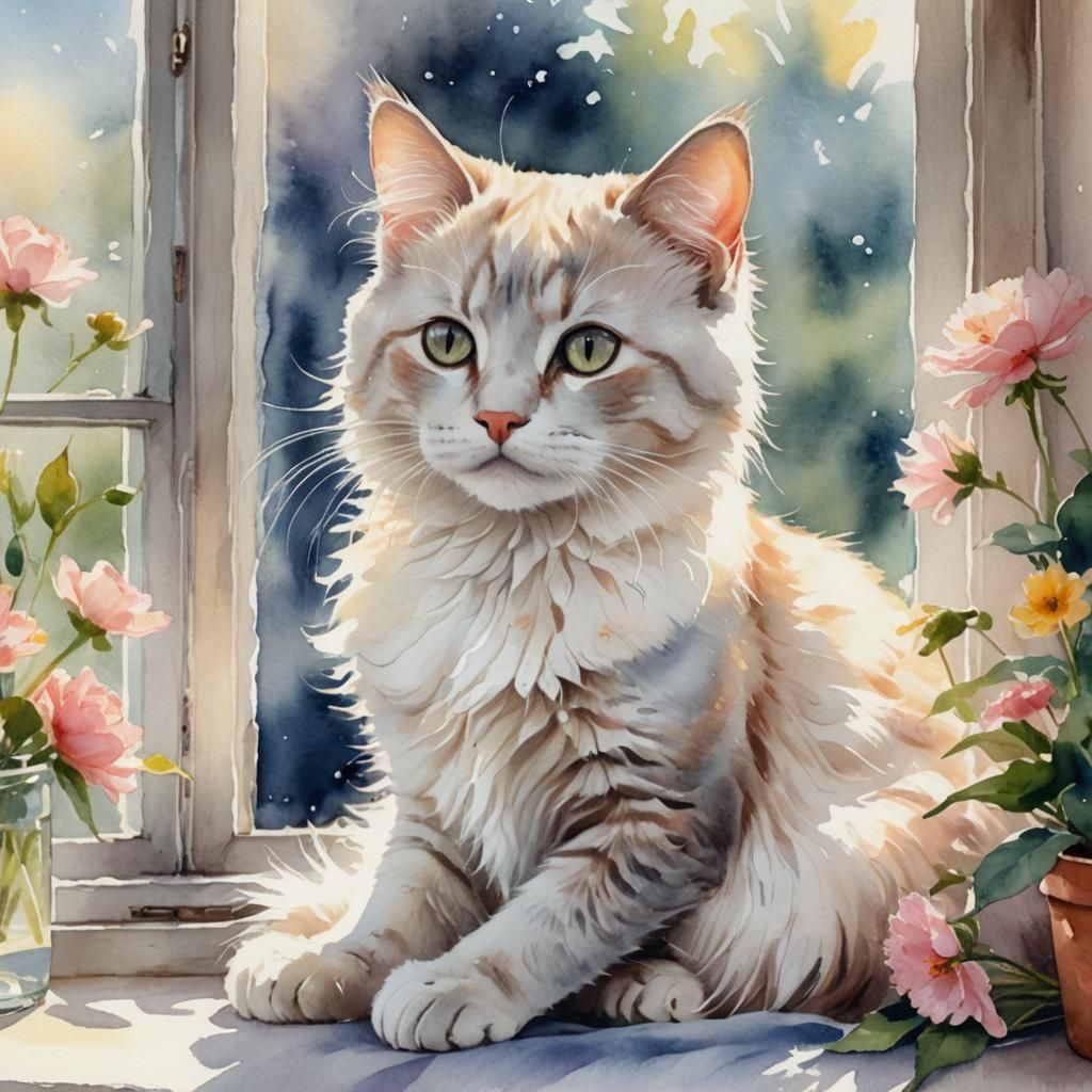 Watercolor Kitty Cat Portrait on Windowsill
