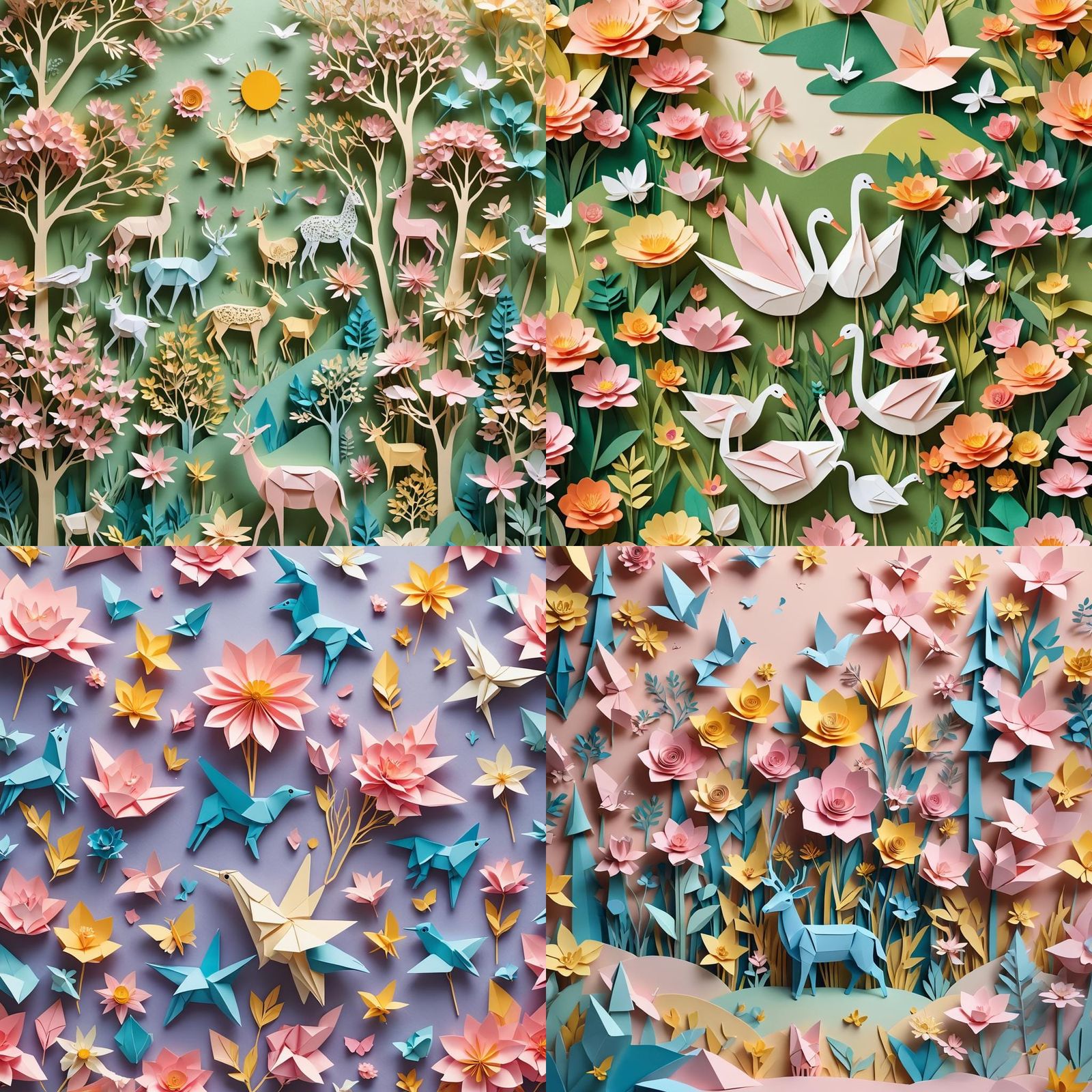 Paper Art Scene with Origami Animals and Flowers