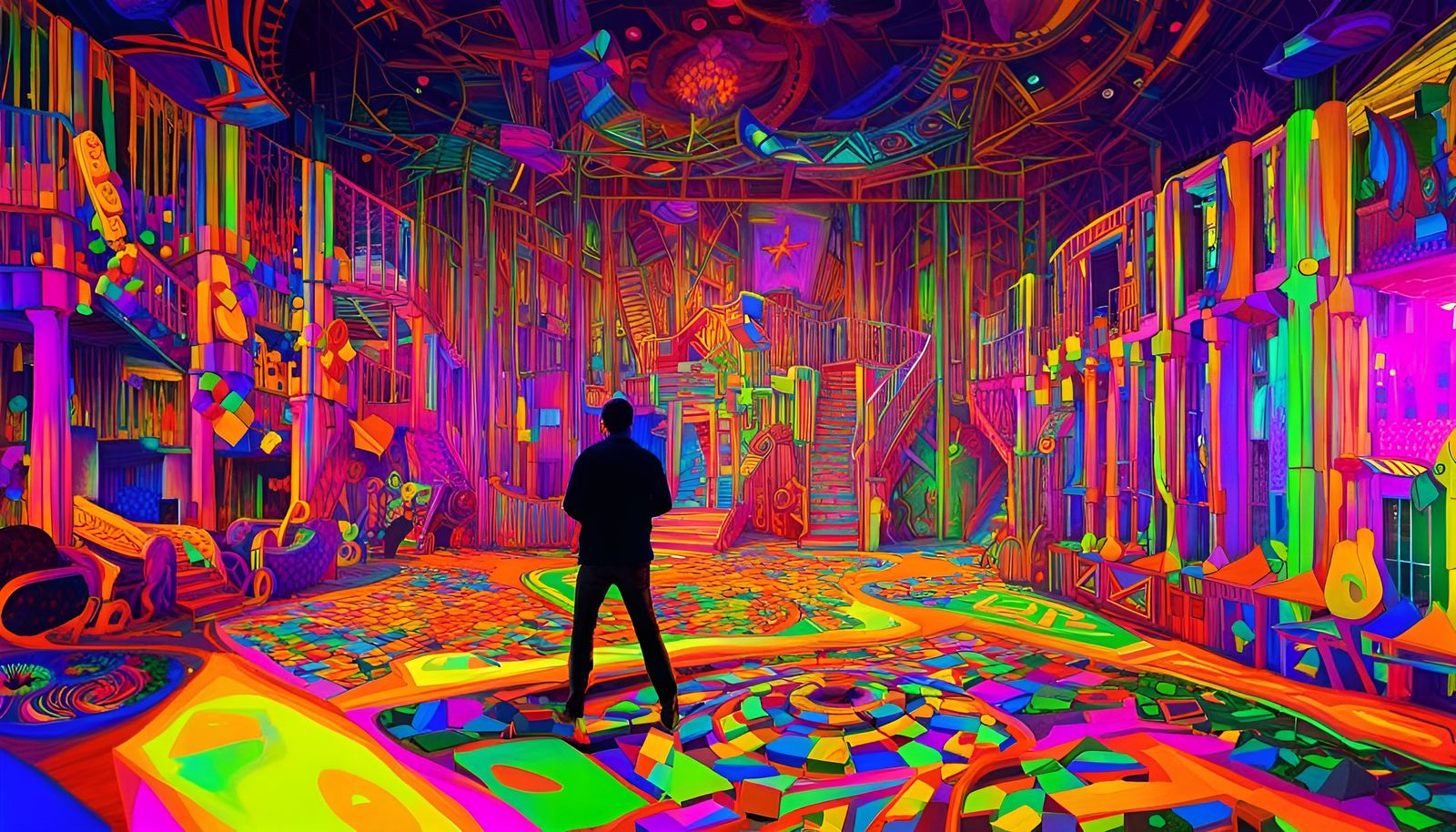 Geometric Pointcloud Figure Dancing in Urban Art Style