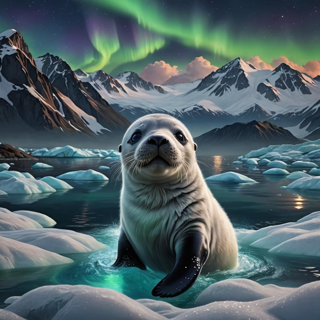 Baby Seal Gazes at Aurora Borealis