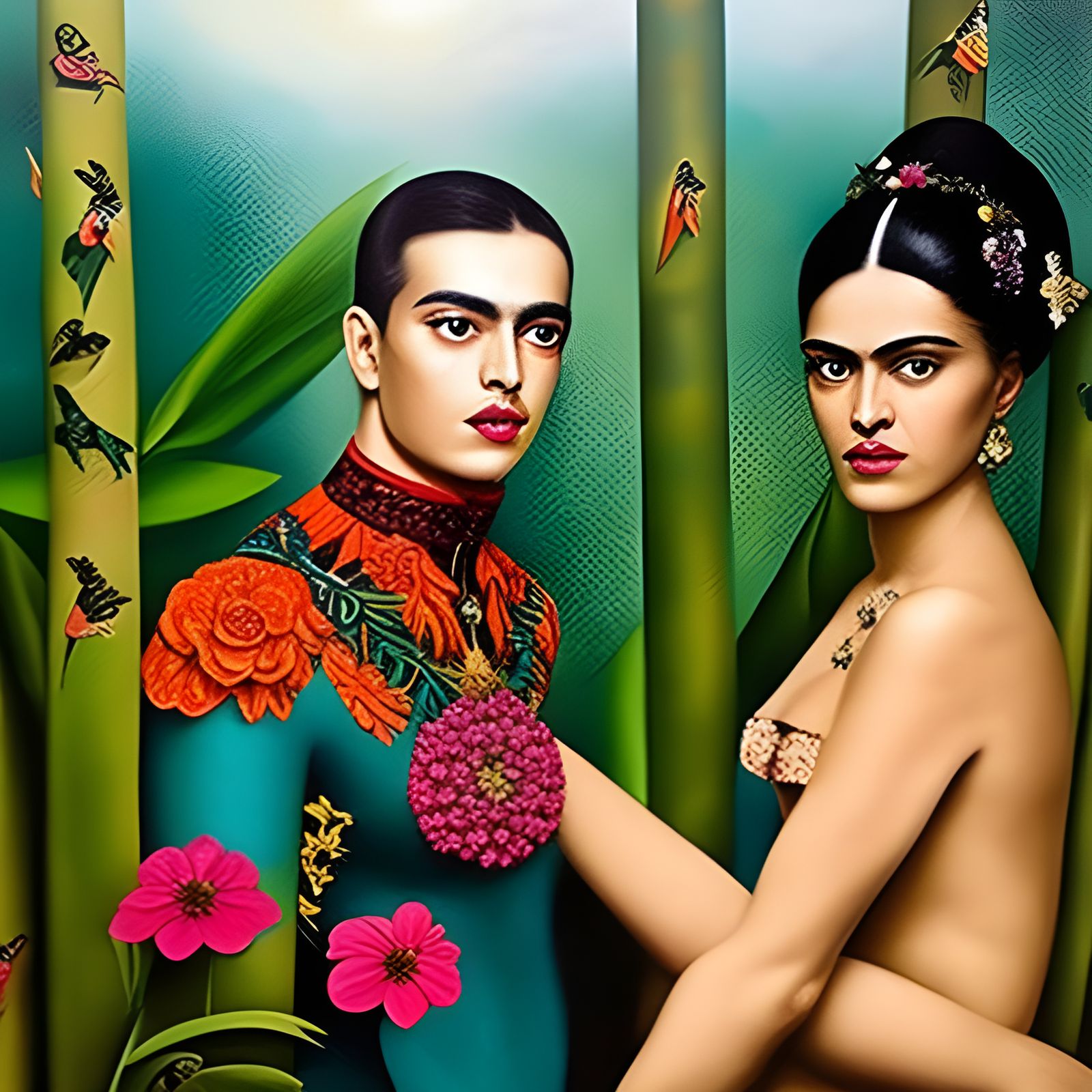 Lovers Embrace in Lush Jungle, Frida Kahlo Style