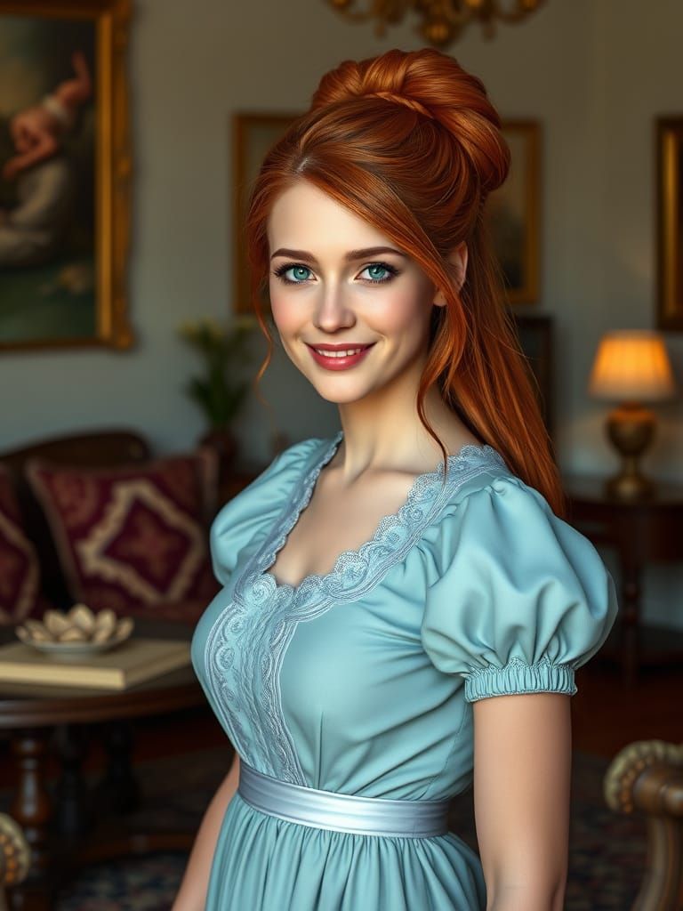 Regency-Era Lady in Light Blue Empire Waist Dress