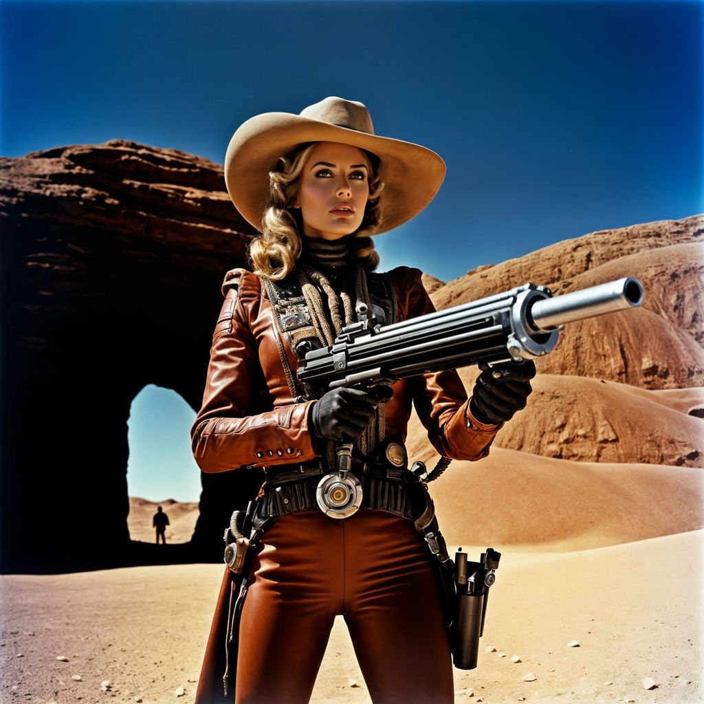 Space Spaghetti Western Gunwoman in Steampunk Style