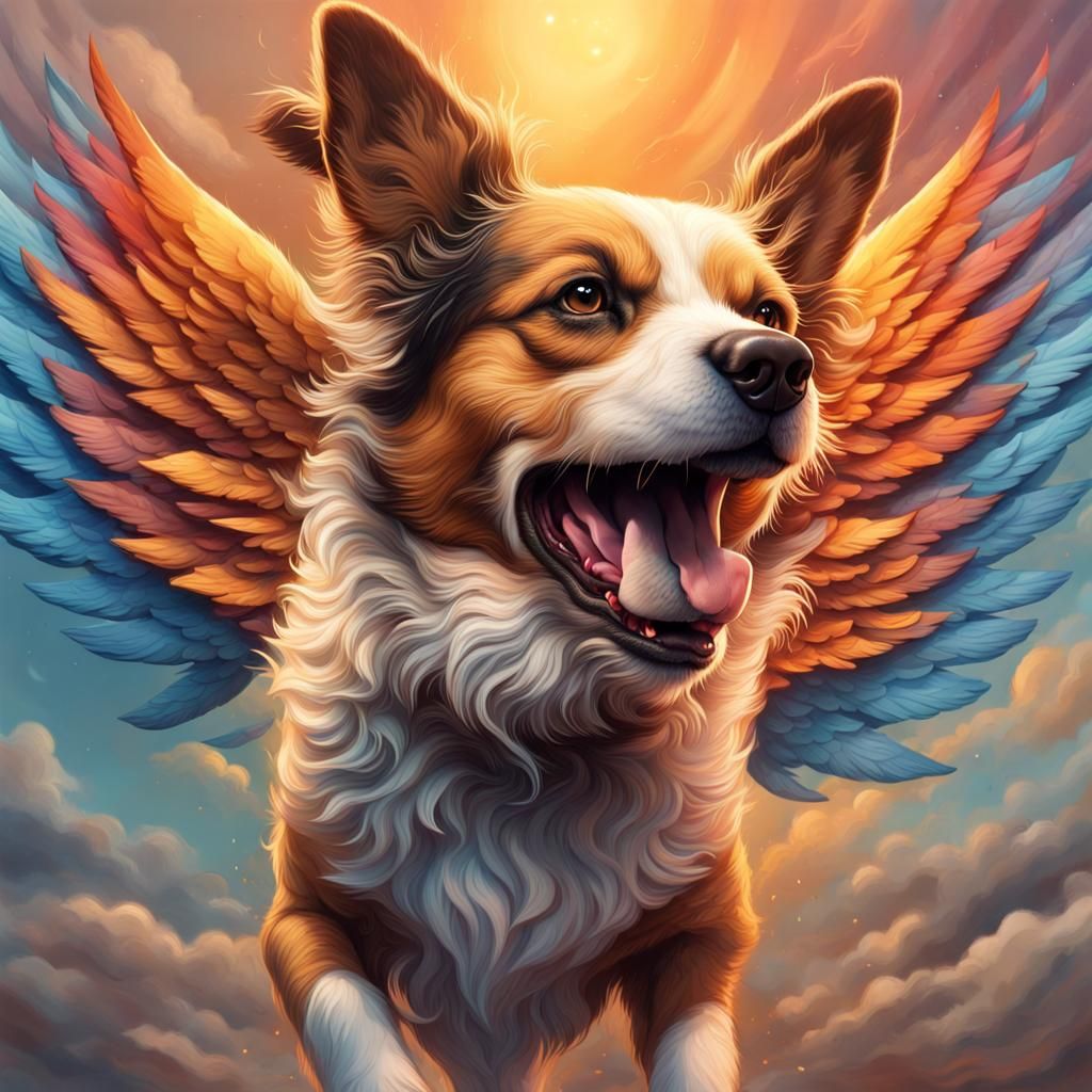 Dog with Wings in Flight: Hyperrealistic Splash Art