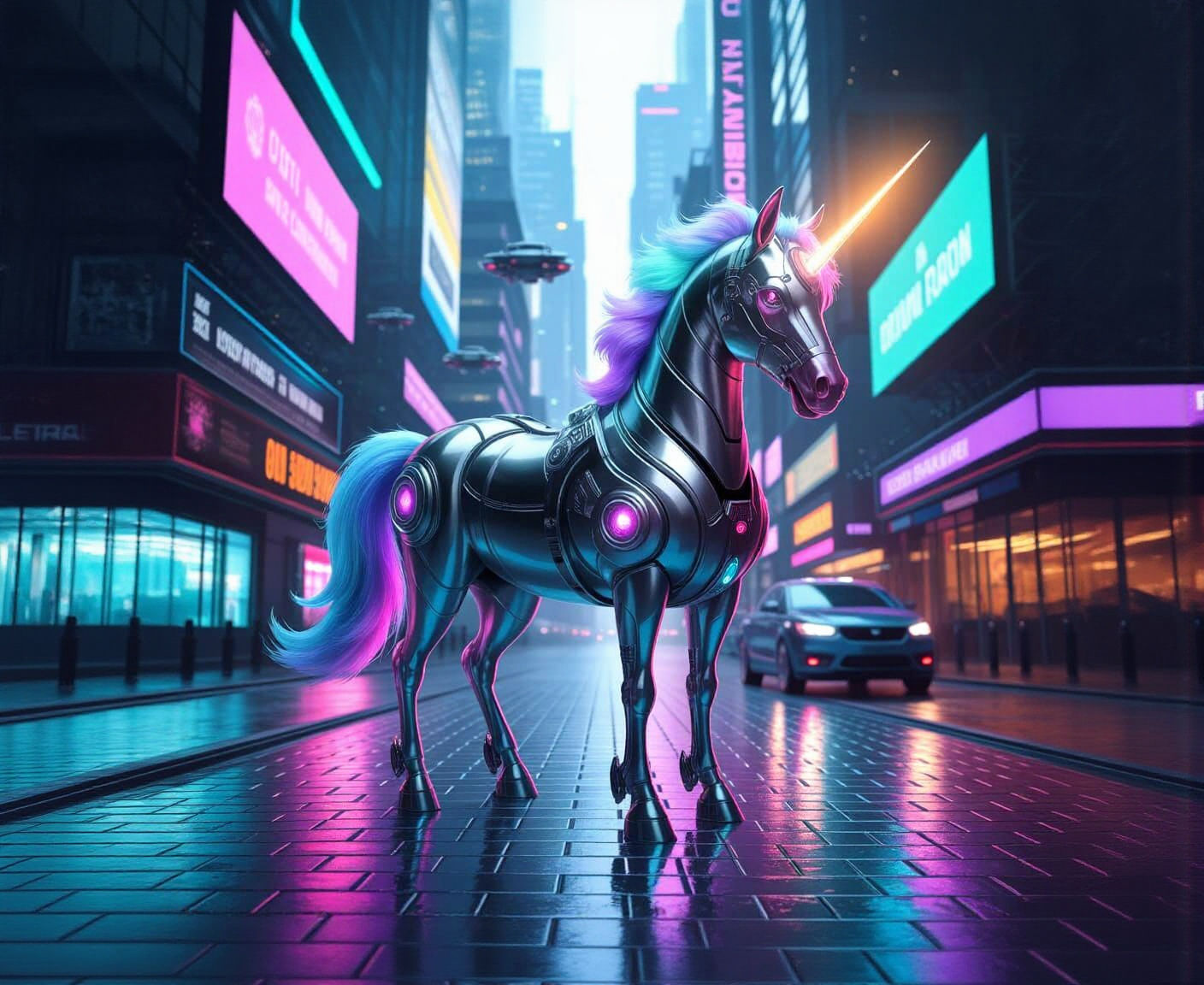 Cyberpunk Unicorn in Neon Cityscape