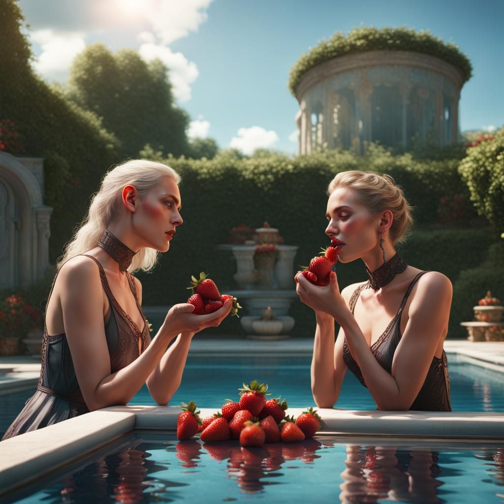 Women Eating Strawberries by a Summer Pool