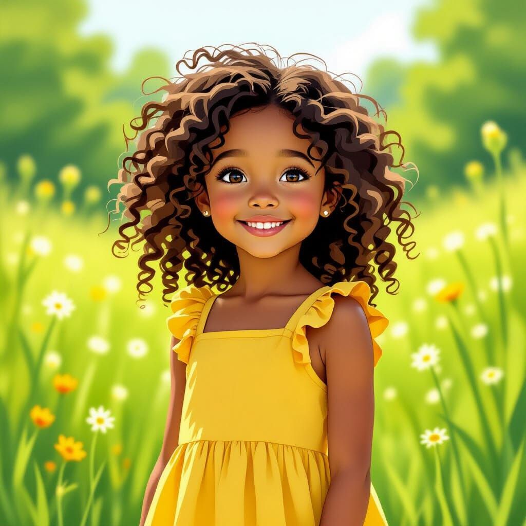 Girl in Meadow, Whimsical Children's Book Illustration
