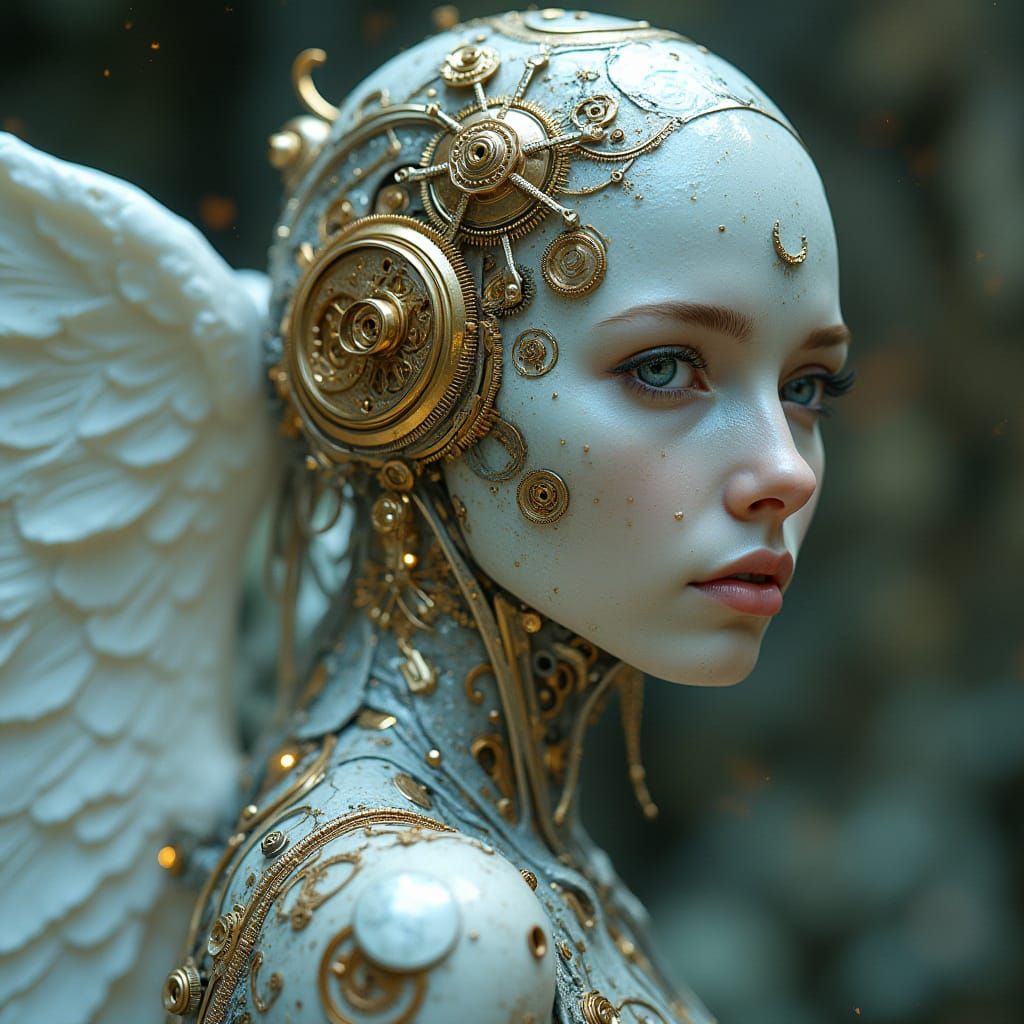 Cybernetic Angel in Iridescent Glow