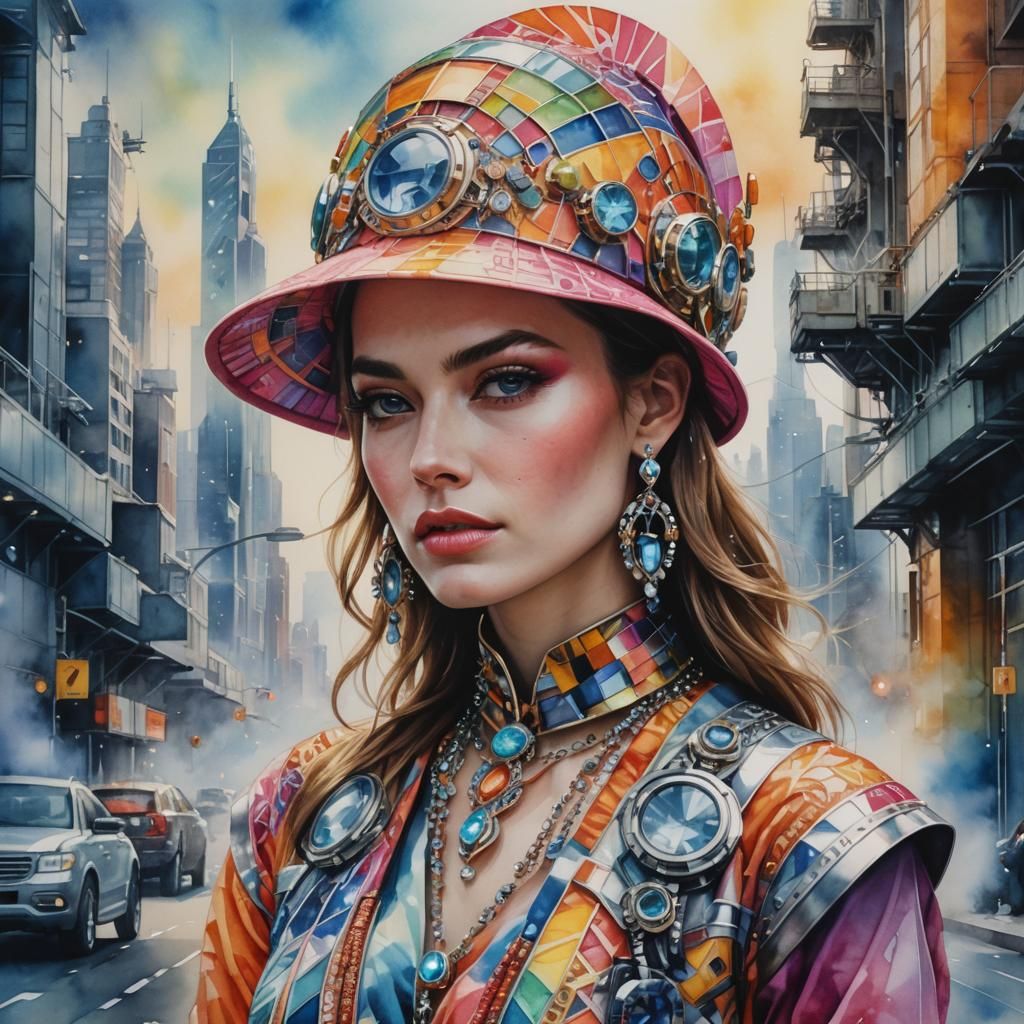 Hyperrealistic Watercolor Portrait with Futuristic Elements