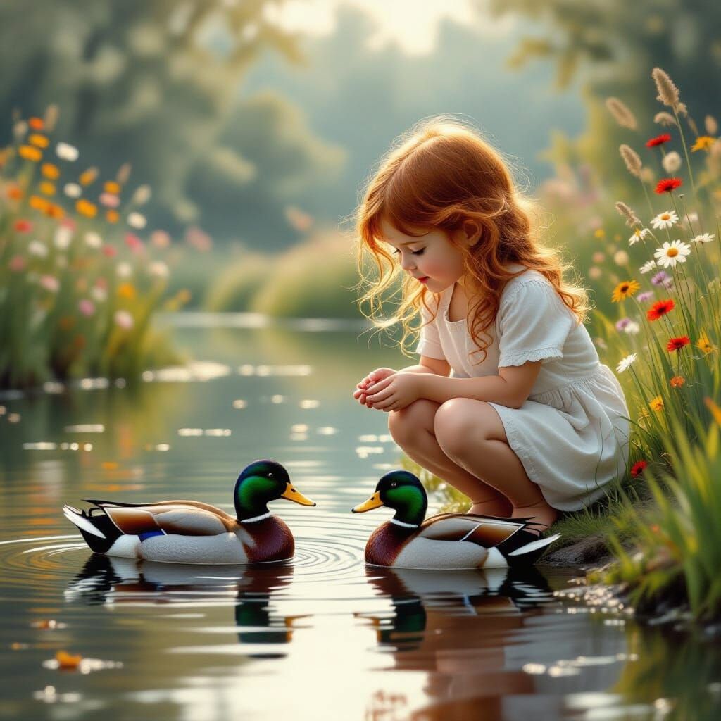 Girl Feeding Ducks in Dappled Light