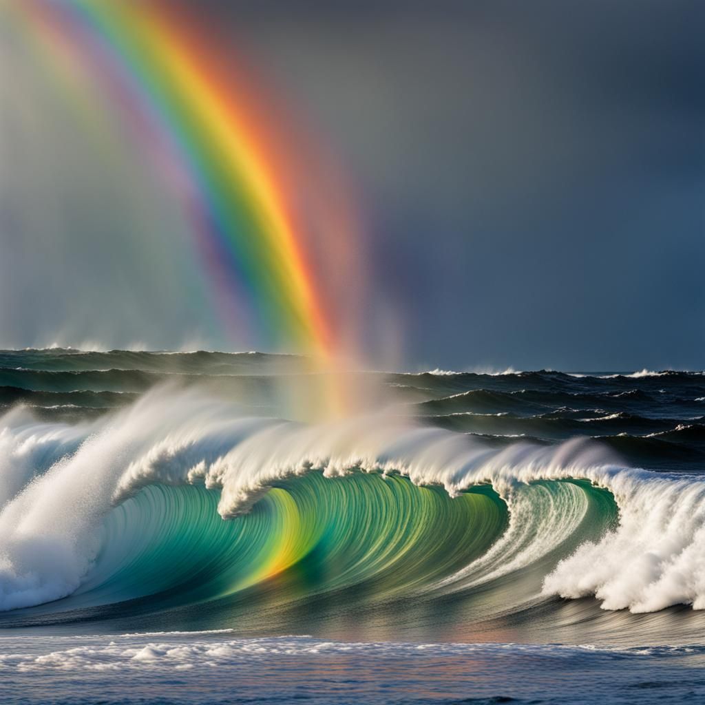 Hyperrealistic Rainbow Tornado Over Ocean Waves