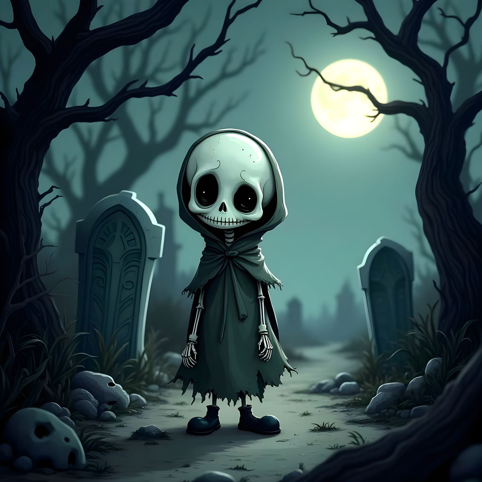 Whimsical Cartoon Skeleton in a Graveyard Search
