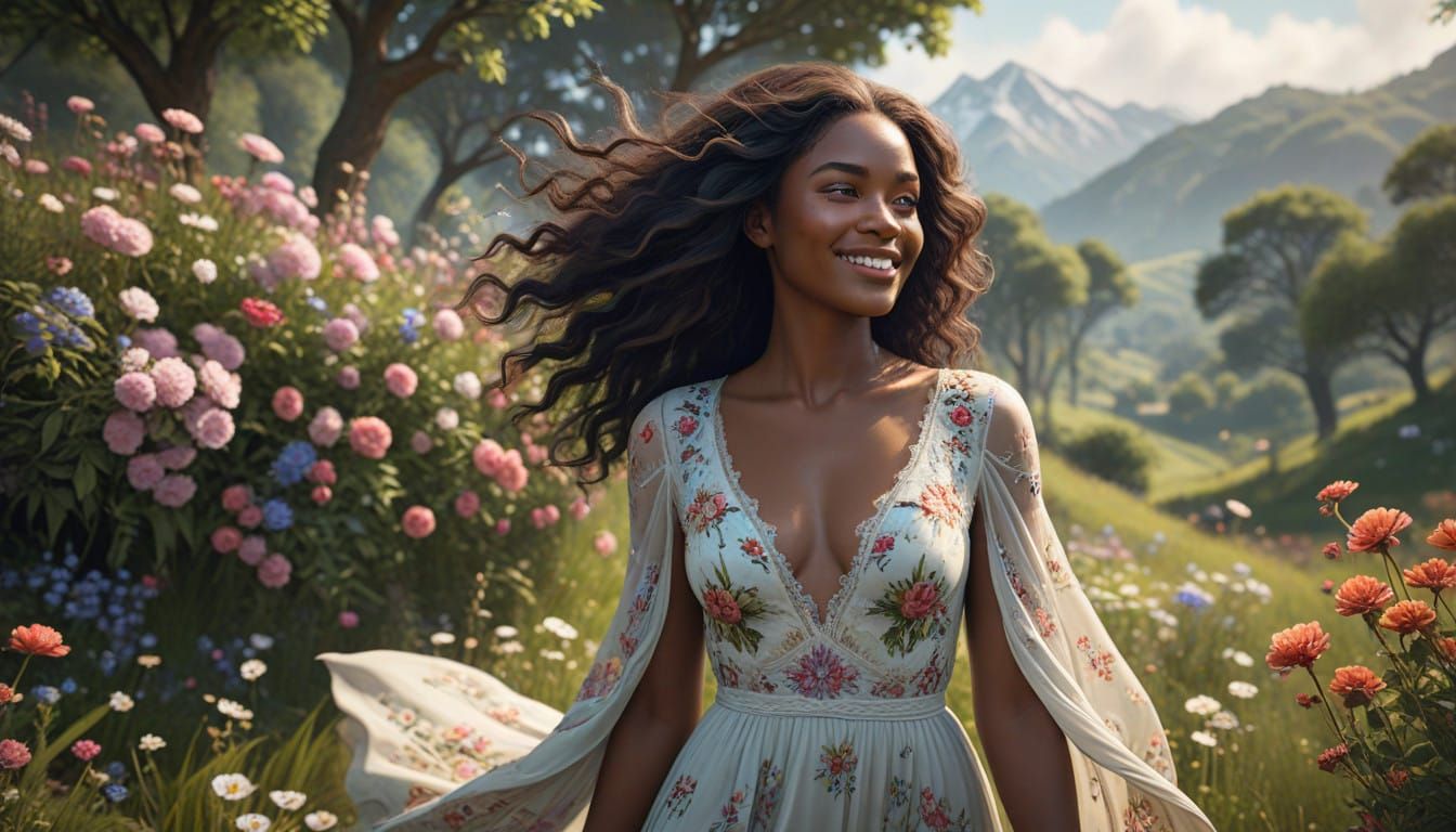 Stunning Portrait of a Radiant Black Woman in a Floral Parad...