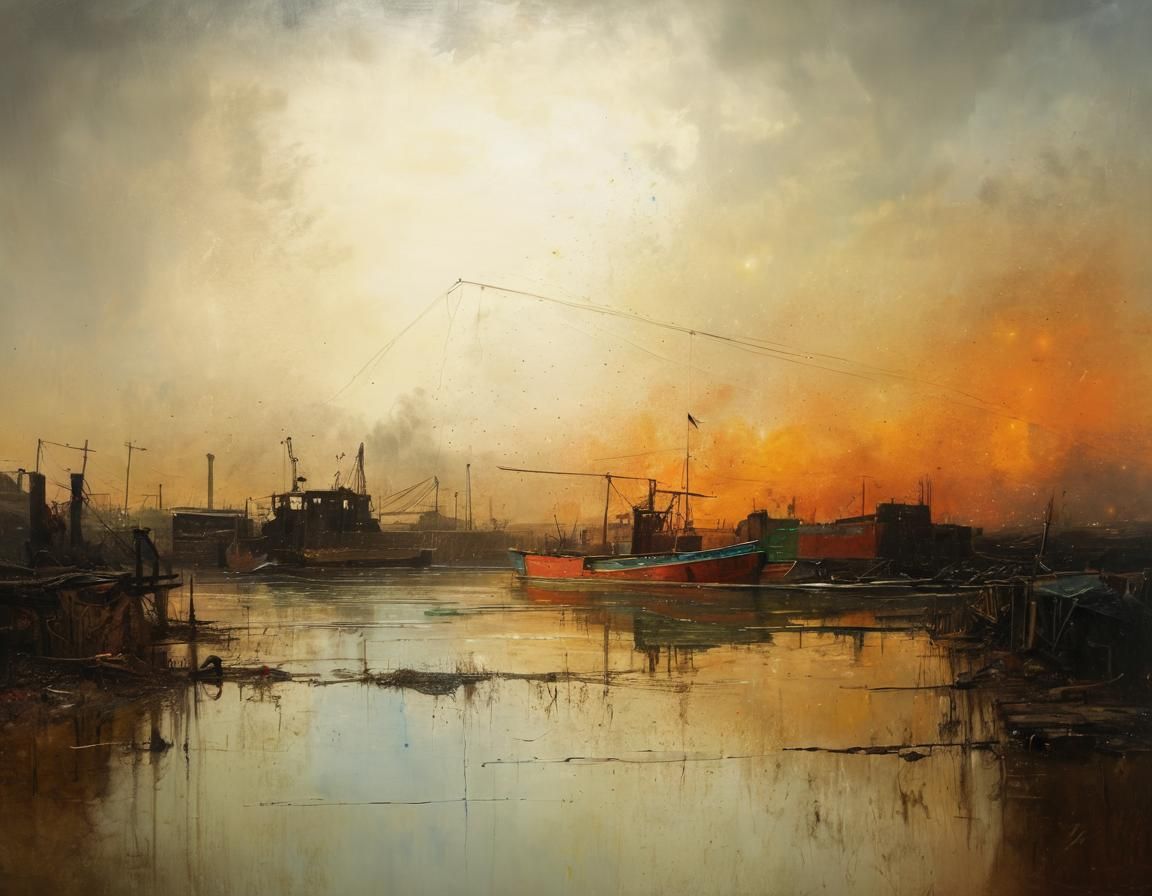 Stormy Industrial Port with Colorful Boat