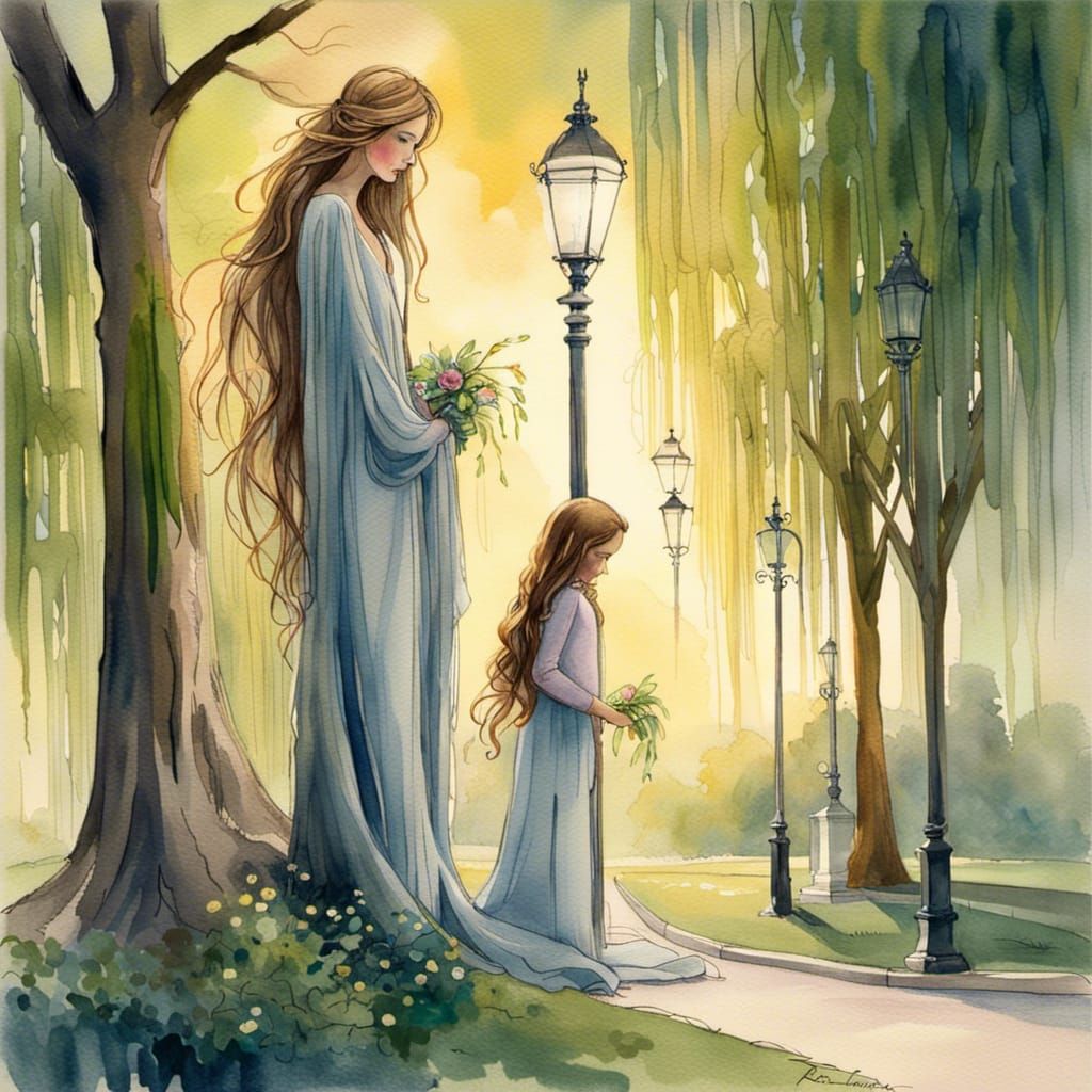 Art Nouveau Mother Mourns at Daughter's Grave