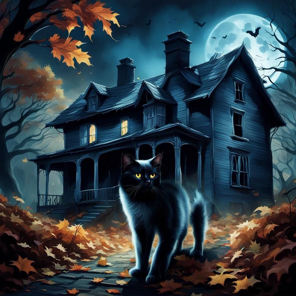 Ethereal Ghost Cat Prowls Derelict House in Dark Fantasy