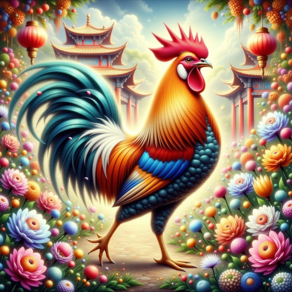 Majestic Yang Rooster Embodies Chinese Garden Magic in Vibra...