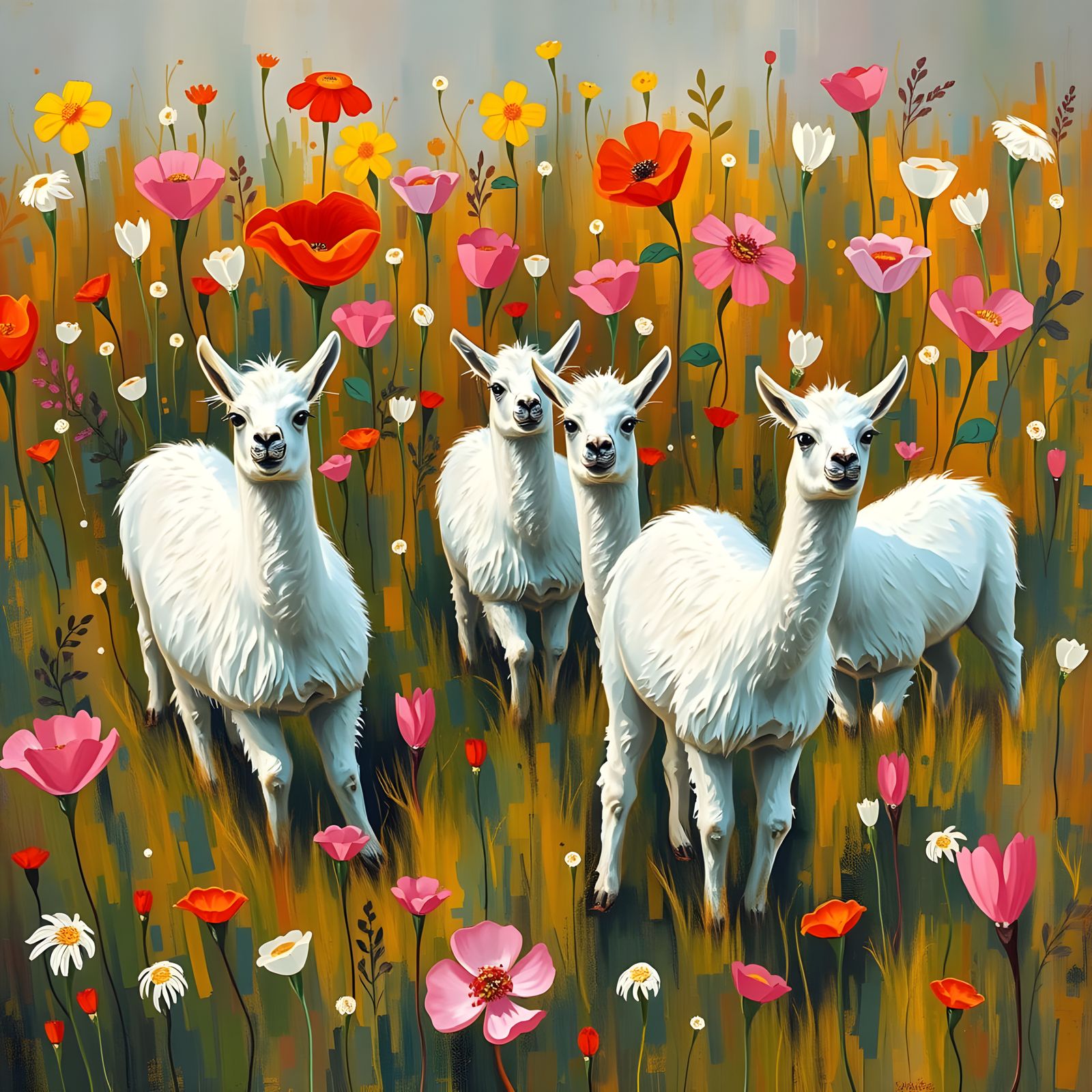 Vibrant Alpaca Herd in Blooming Landscape Abstract Art